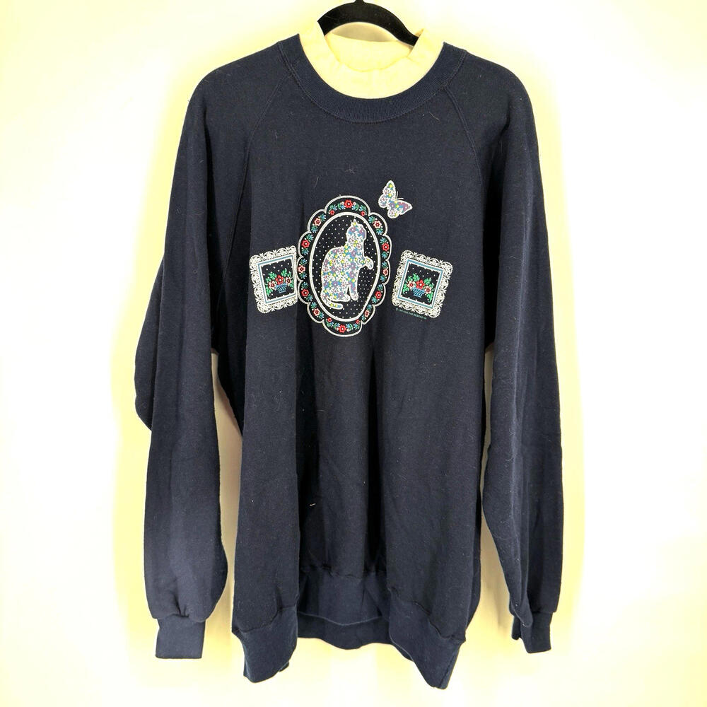 Vintage cat sweatshirt womens 3x navy blue cottage core grandma pullover crew